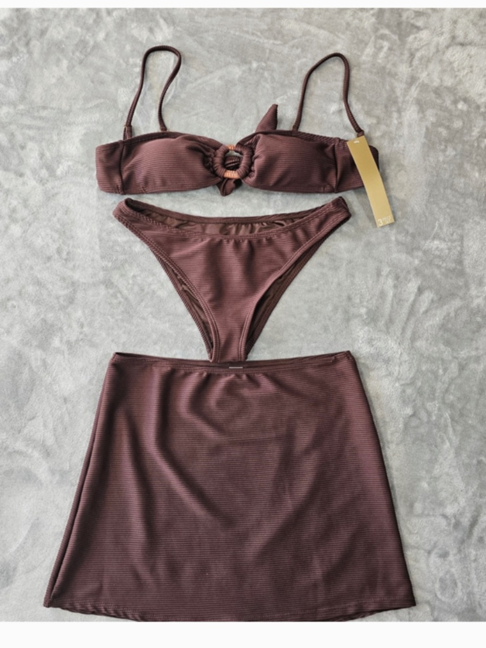House of Harlow 1960 Ribbed Brown 3-Piece Swim Set – Bikini + Skirt Cover Up NWT - Picture 6 of 6